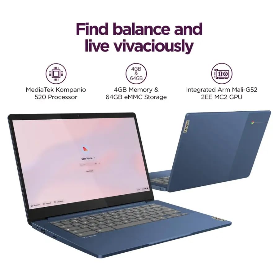 Lenovo IdeaPad Slim 3 Chromebook - 14'' Full HD (1920 x 1080) Display • 8-Core MediaTek Kompanio 520 CPU • 4GB RAM • 64GB eMMC & 256GB Micro SD Card • Wi-Fi 6 • for Business Student • Chrome OS • Blue(Renewed)