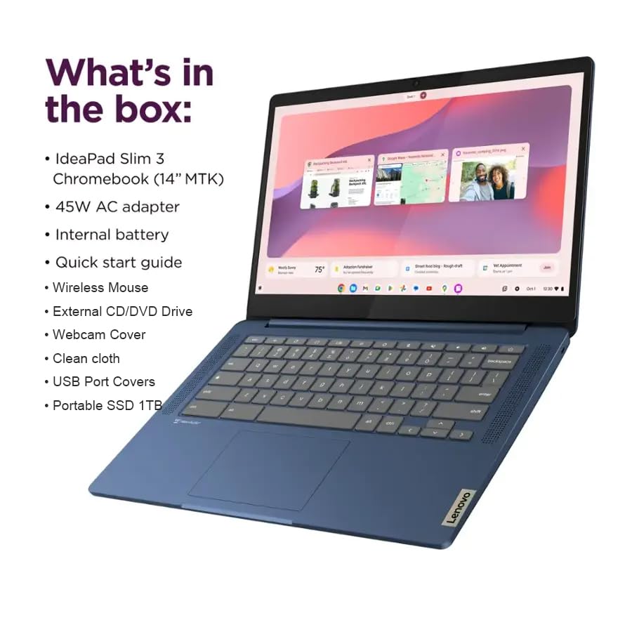 Lenovo IdeaPad Slim 3 Chromebook - 14'' Full HD (1920 x 1080) Display • 8-Core MediaTek Kompanio 520 CPU • 4GB RAM • 64GB eMMC & 256GB Micro SD Card • Wi-Fi 6 • for Business Student • Chrome OS • Blue(Renewed)