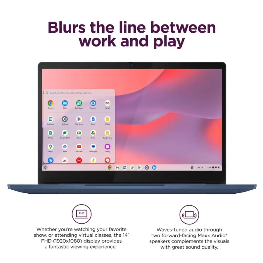 Lenovo IdeaPad Slim 3 Chromebook - 14'' Full HD (1920 x 1080) Display • 8-Core MediaTek Kompanio 520 CPU • 4GB RAM • 64GB eMMC & 256GB Micro SD Card • Wi-Fi 6 • for Business Student • Chrome OS • Blue(Renewed)