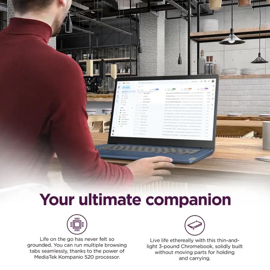 Lenovo IdeaPad Slim 3 Chromebook - 14'' Full HD (1920 x 1080) Display • 8-Core MediaTek Kompanio 520 CPU • 4GB RAM • 64GB eMMC & 256GB Micro SD Card • Wi-Fi 6 • for Business Student • Chrome OS • Blue(Renewed)