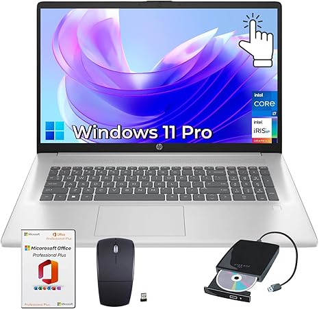 HP 17.3" Ultra-Fast Business Laptop - Touchscreen Display, Intel i7-1355U(10-Core), Intel Iris Xe Graphics, 32GB RAM, 2TB SSD, Wi-Fi 6, Webcam, Windows 11 Pro, w/mewhaul MS Office Lifetime License