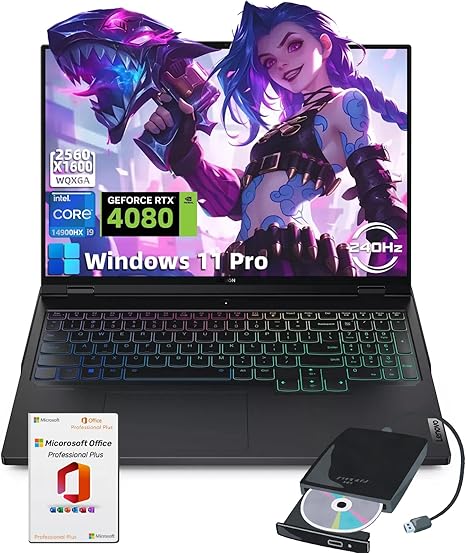 Lenovo Legion Pro 7i Gaming Laptop - 16" WQXGA 240Hz, Intel 24-Core i9-14900HX, NVIDIA GeForce RTX 4080, 64GB DDR5, 2TB SSD, RGB Backlit KB, Win 11 Pro & MS Office Lifetime, w/External CD/DVD Drive