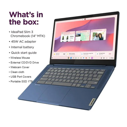 Lenovo IdeaPad Slim 3 Chromebook - 14'' Full HD (1920 x 1080) Display • 8-Core MediaTek Kompanio 520 CPU • 4GB RAM • 64GB eMMC & 256GB Micro SD Card • Wi-Fi 6 • for Business Student • Chrome OS • Blue(Renewed)